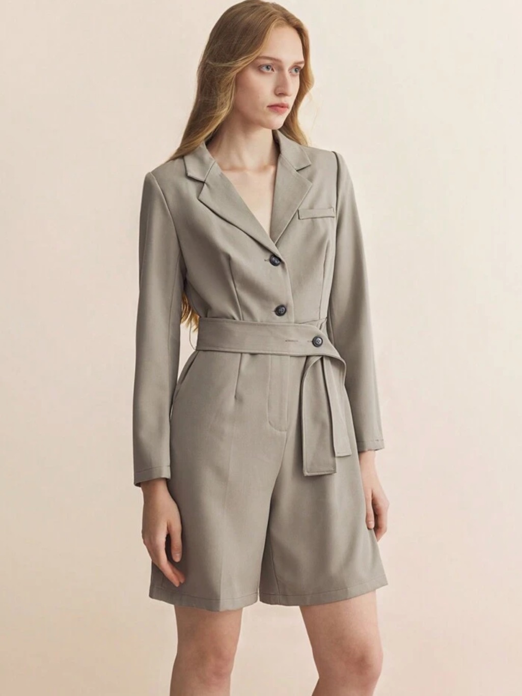 Tailored Long-Sleeve Romper With Belted Waist Light Taupe